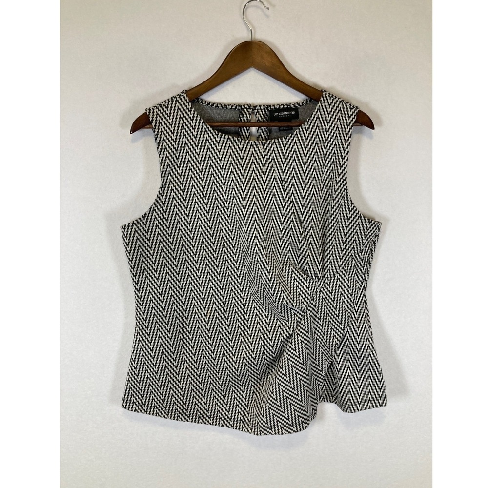 Modern Professional Liz Claiborne Career Women L Black White Chevron Pleated Top